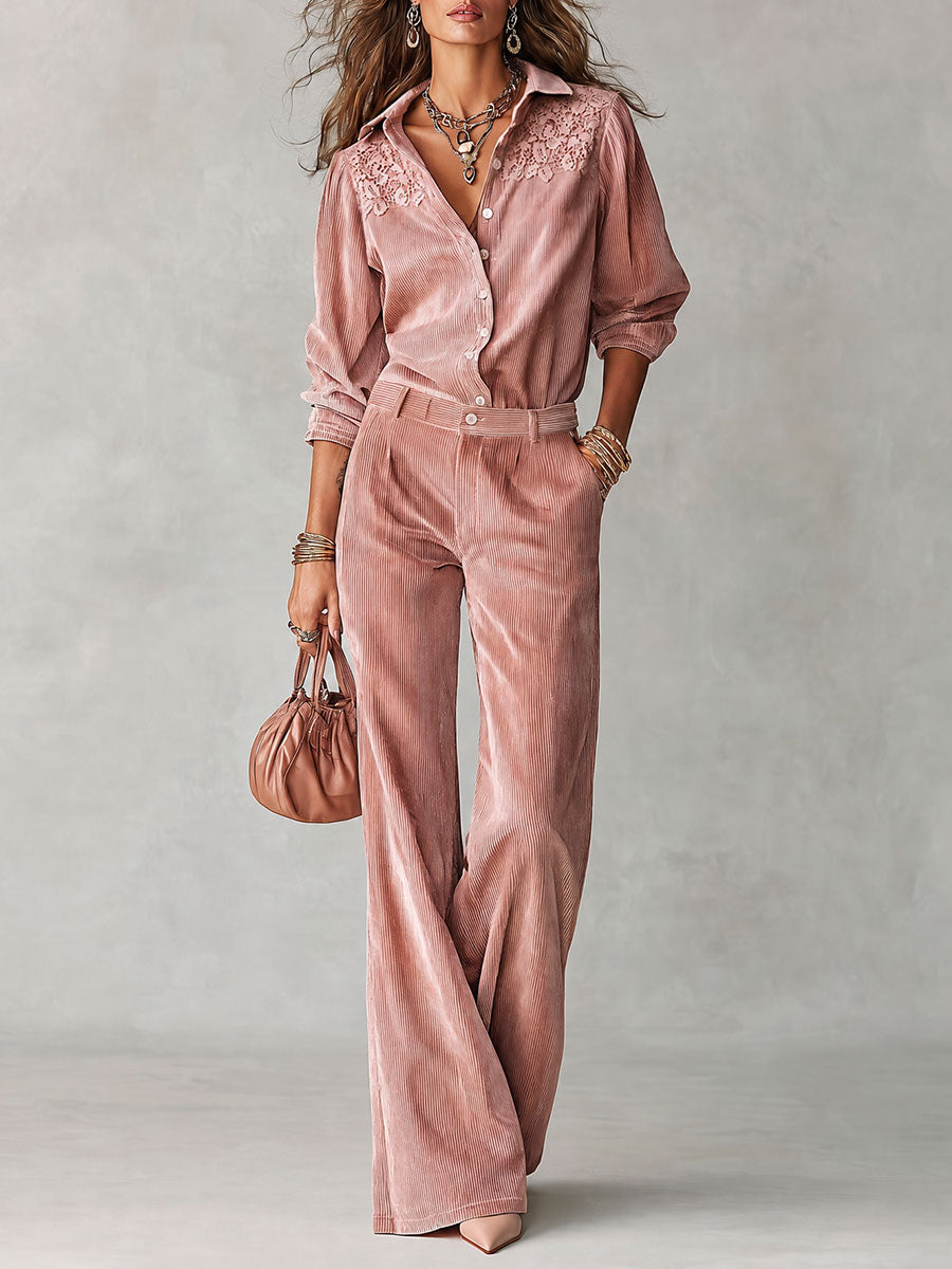 Daphne - Boho Corduroy Lace-Trim Shirt & Wide-Leg Pants Set