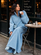 Estella - Chic Elegant Blue Stand Collar V Neck Long Sleeve Loose Sweater Patch Pocket Maxi Skirt Fuzzy Knit Two-Piece Set
