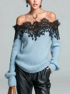 Odette - Chic Casual Gray Off-The-Shoulder Lace Trim Detail Long Sleeve Oversized Knit Sweater Top