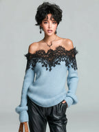 Odette - Chic Casual Gray Off-The-Shoulder Lace Trim Detail Long Sleeve Oversized Knit Sweater Top