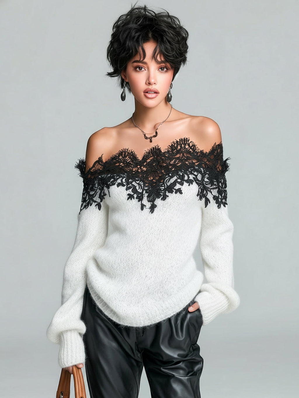 Odette - Chic Casual Gray Off-The-Shoulder Lace Trim Detail Long Sleeve Oversized Knit Sweater Top