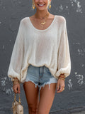 Marcella - Chic Elegant Cream White Round-Neck Long Lantern Sleeve Loose-Fit Mesh Knit Sweater Top