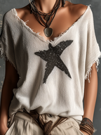 Chic Casual White V-Neck Star Print  Raw Edge Dolman Sleeves Loose-Fit Knit Sweater Top