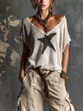 Chic Casual White V-Neck Star Print  Raw Edge Dolman Sleeves Loose-Fit Knit Sweater Top