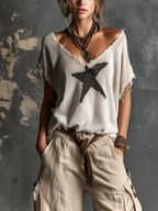 Chic Casual White V-Neck Star Print  Raw Edge Dolman Sleeves Loose-Fit Knit Sweater Top