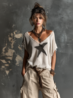 Chic Casual White V-Neck Star Print  Raw Edge Dolman Sleeves Loose-Fit Knit Sweater Top