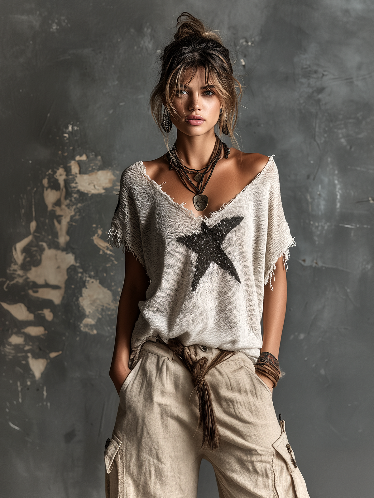 Chic Casual White V-Neck Star Print  Raw Edge Dolman Sleeves Loose-Fit Knit Sweater Top