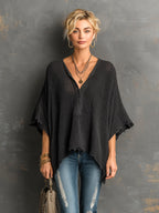 Chic Casual Black Henley Collar Dropped Shoulder Batwing-Sleeve Raw Edge Detail Loose-Fit Sweater