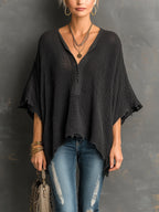 Chic Casual Black Henley Collar Dropped Shoulder Batwing-Sleeve Raw Edge Detail Loose-Fit Sweater