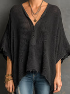 Chic Casual Black Henley Collar Dropped Shoulder Batwing-Sleeve Raw Edge Detail Loose-Fit Sweater