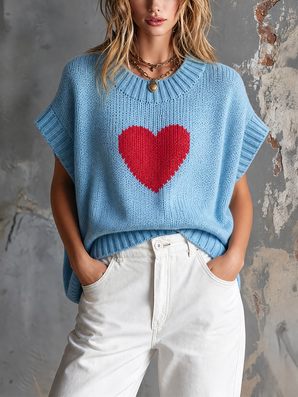 Matilda - Chic Casual Light Blue Round-Neck Red Heart Jacquard Short-Sleeve Loose-Fit Knit Sweater Top