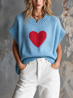Matilda - Chic Casual Light Blue Round-Neck Red Heart Jacquard Short-Sleeve Loose-Fit Knit Sweater Top