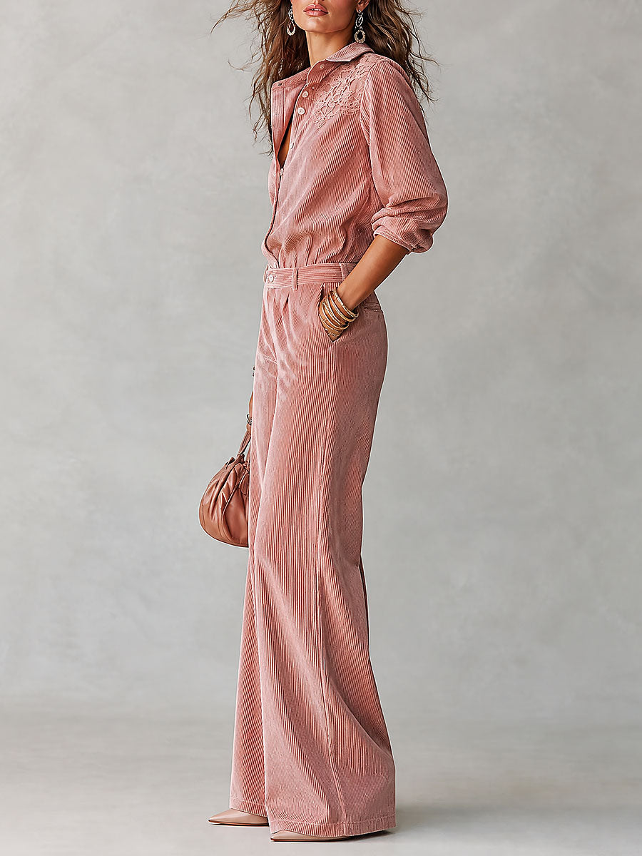 Daphne - Boho Corduroy Lace-Trim Shirt & Wide-Leg Pants Set