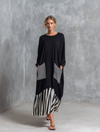 Stefania | Oversized Black Long Dress with Patchwork Stripes
