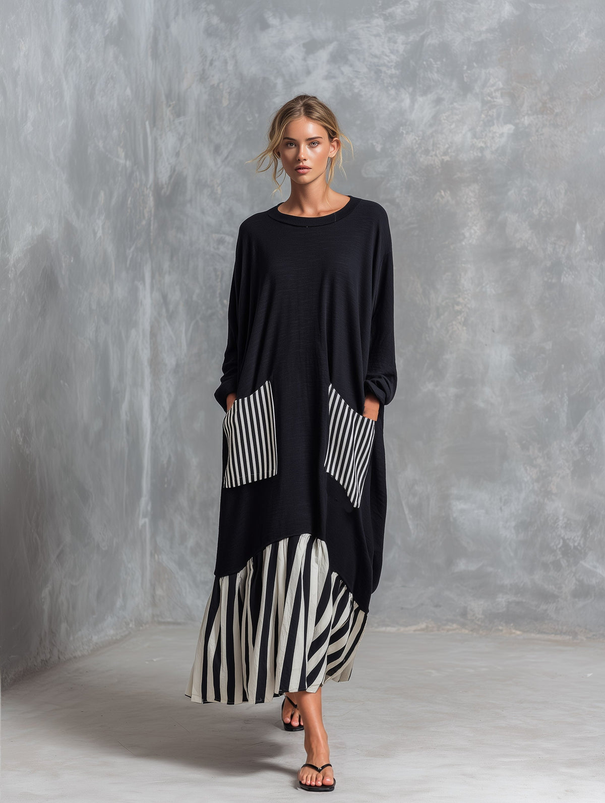 Stefania | Oversized Black Long Dress with Patchwork Stripes