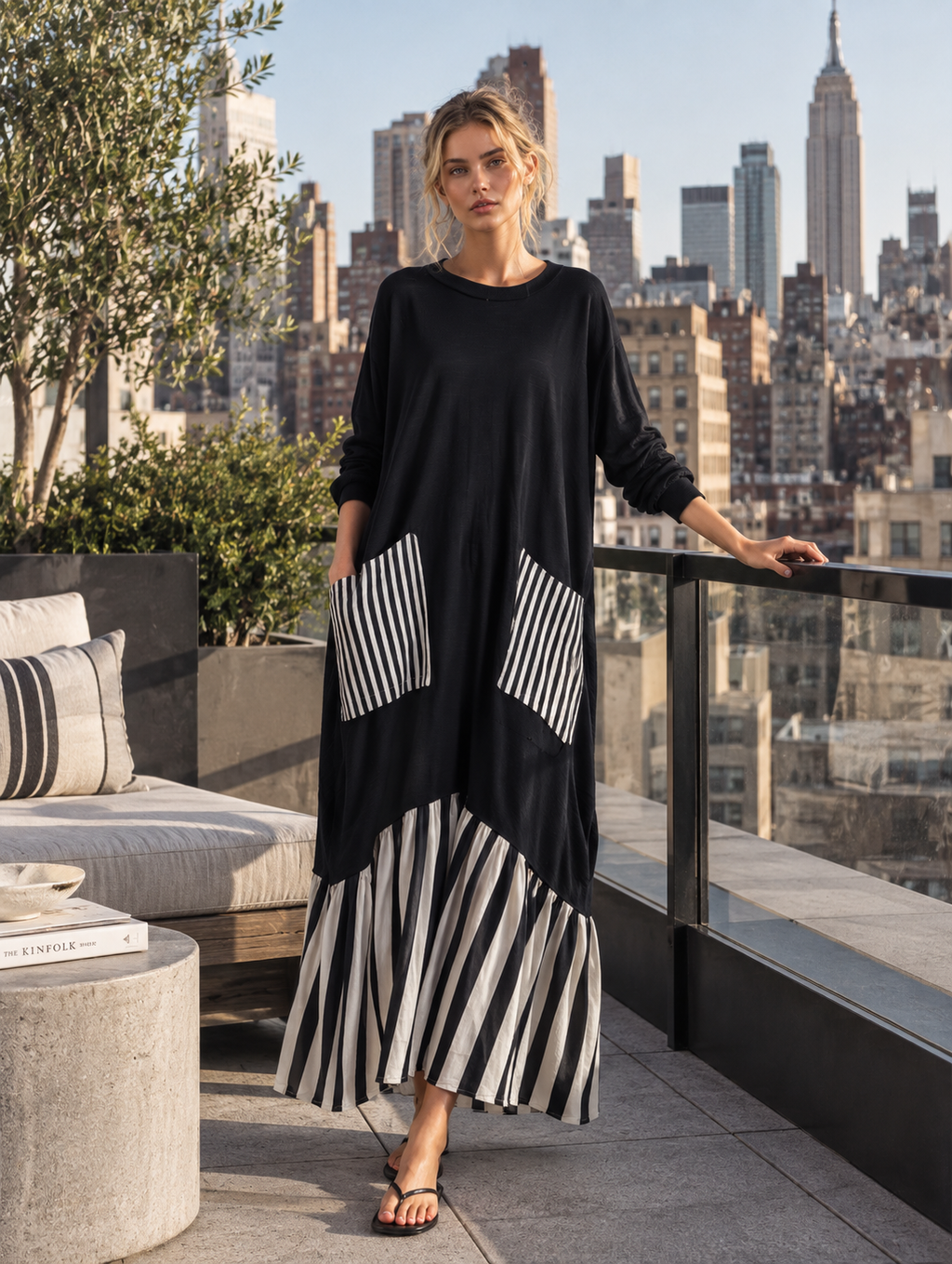 Stefania | Oversized Black Long Dress with Patchwork Stripes