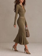 Marta | Midi dress in ribbed knit with zip, mermaid hem, and studded belt