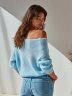 Cecilia - Chic Vintage Blue One Shoulder Long Sleeve Slim Fit Fuzzy Knit Sweater
