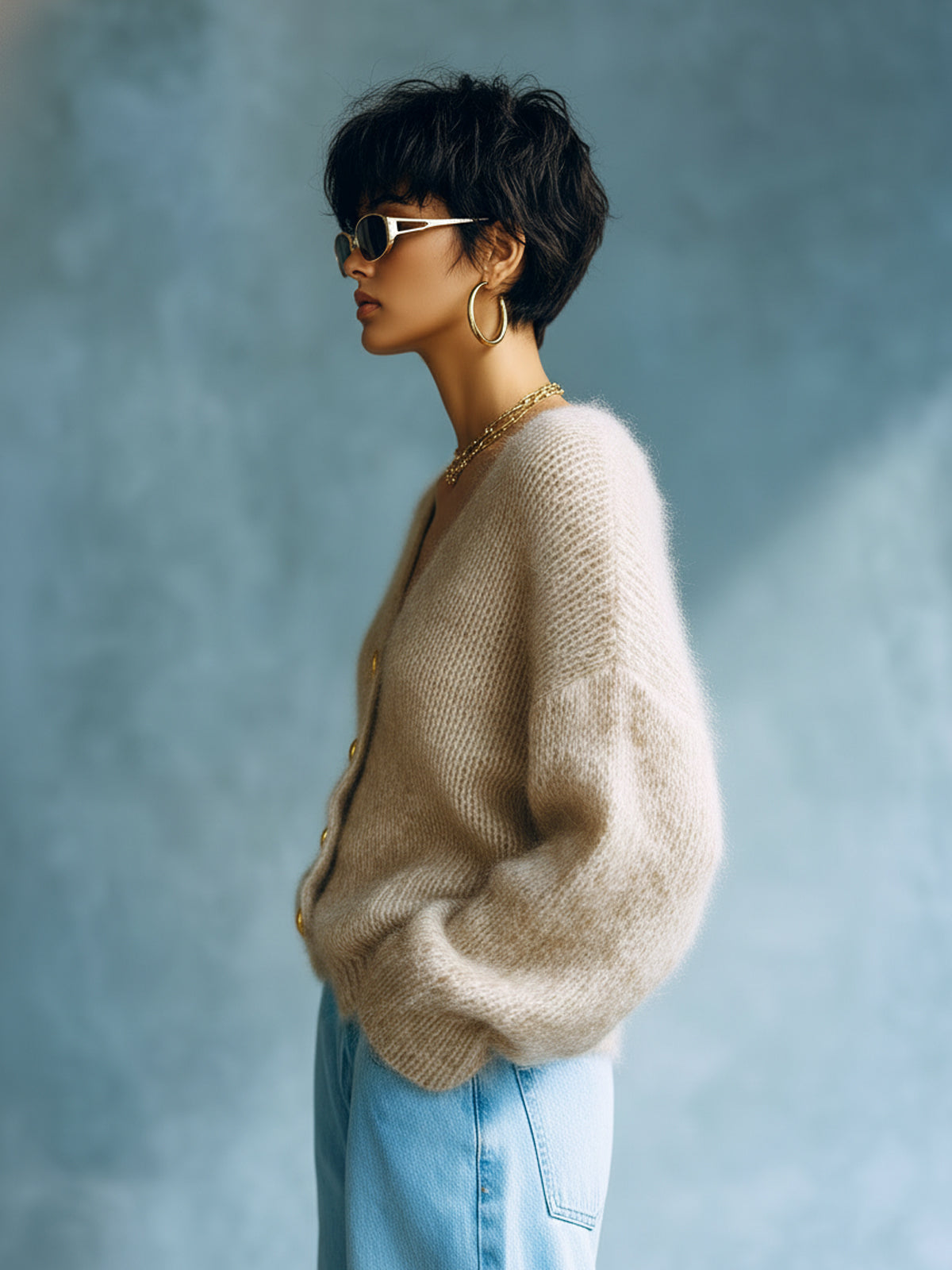 Annalise - Chic Vintage Light Camel V-Neck Single-Breasted Long Sleeve Loose-Fit Fuzzy Knit Cardigan Top