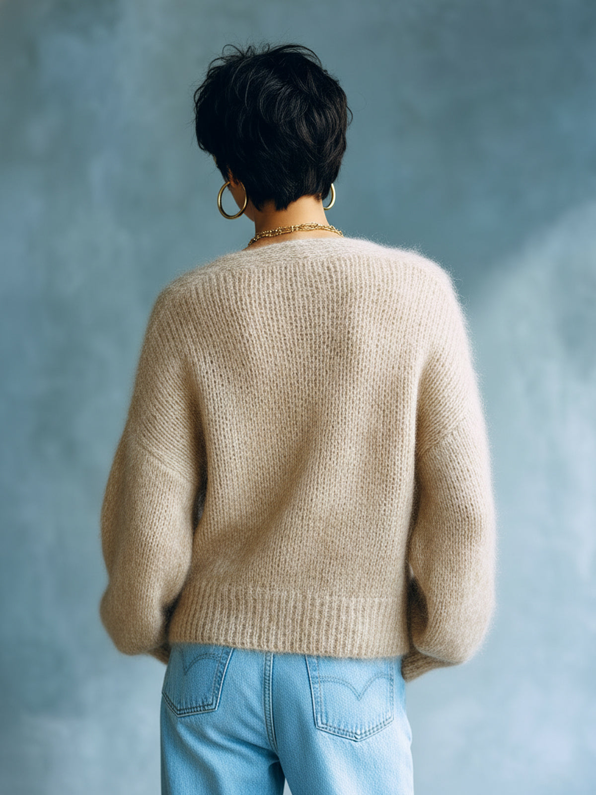 Annalise - Chic Vintage Light Camel V-Neck Single-Breasted Long Sleeve Loose-Fit Fuzzy Knit Cardigan Top
