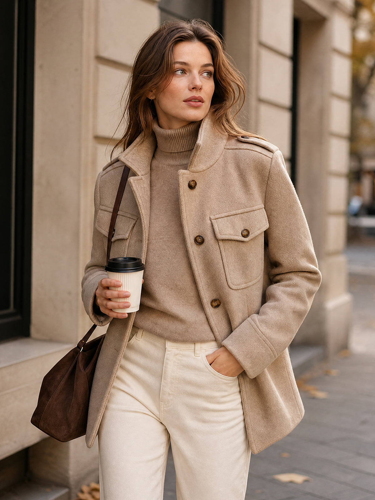 Felicity - Vintage Casual Khaki Wool Blend Stand Collar Epaulet Multi-Pocket Short Coat