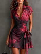 SERENA | BURGUNDY ABSTRACT PRINT MINI WRAP DRESS