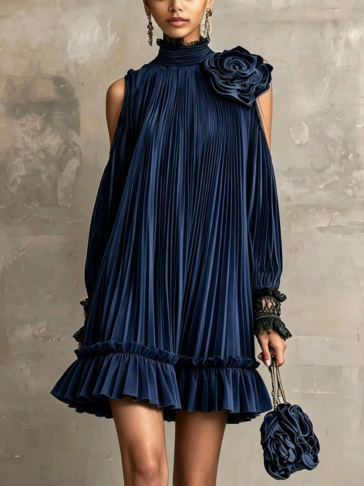 Ophelia - Elegant Olive Green Pleated Mini Dress with High Neck, Ruffle Hem & Rose Detail