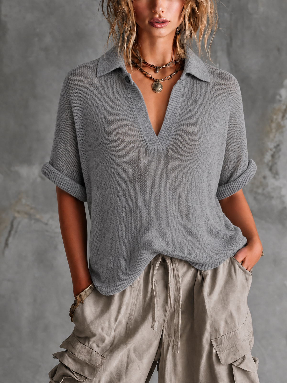 Chic Casual Dusty Grey Lapel-Collar V-Neck Button-Detail Half‑Sleeve Loose-Fit Mesh Knit Sweater Top