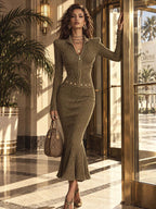 Marta | Midi dress in ribbed knit with zip, mermaid hem, and studded belt