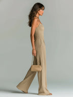 Paloma - Chic Casual Camel Strappy Sleeveless Tailored Waist Wide Leg Ribbed Knit Jumpsuit