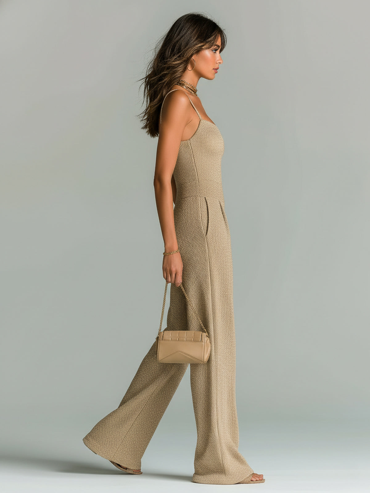 Paloma - Chic Casual Camel Strappy Sleeveless Tailored Waist Wide Leg Ribbed Knit Jumpsuit