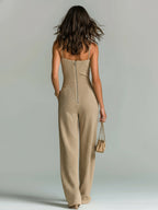 Paloma - Chic Casual Camel Strappy Sleeveless Tailored Waist Wide Leg Ribbed Knit Jumpsuit