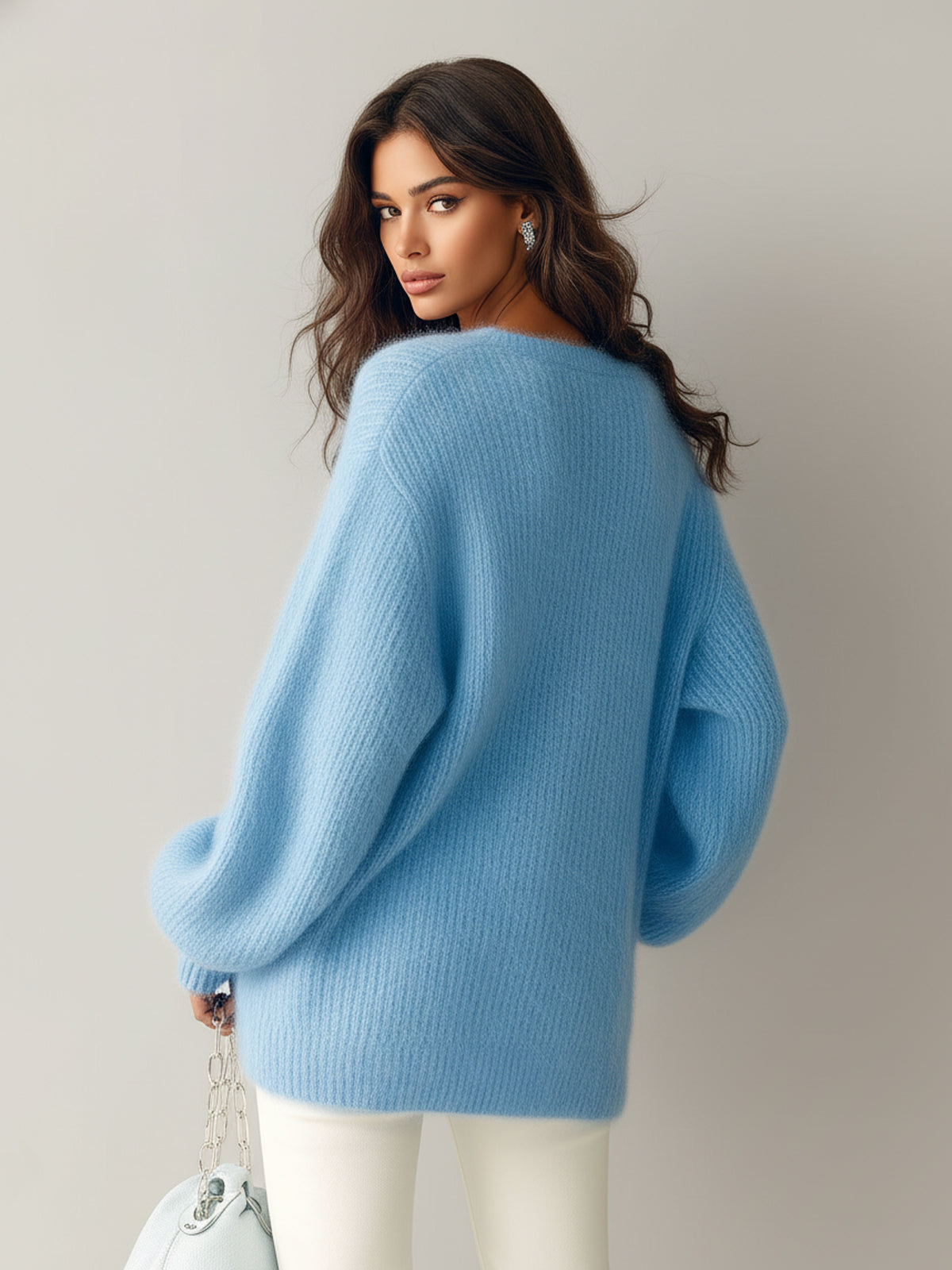 Natalia - Chic Vintage Blue V-Neck Long-Sleeve Zipper-Front Oversize Fuzzy Knit Sweater Top