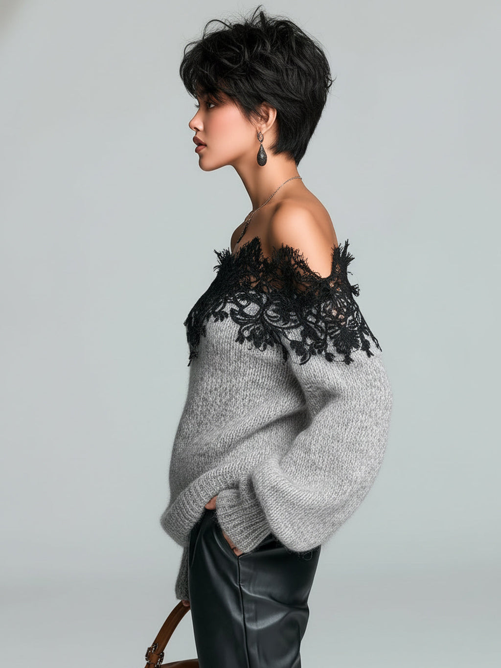 Odette - Chic Casual Gray Off-The-Shoulder Lace Trim Detail Long Sleeve Oversized Knit Sweater Top