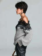 Odette - Chic Casual Gray Off-The-Shoulder Lace Trim Detail Long Sleeve Oversized Knit Sweater Top