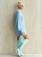 Cordelia - Chic Elegant Baby Blue Mock Neck Oversized Long-Sleeve Mini Dress
