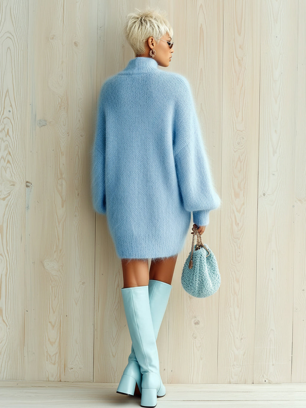 Cordelia - Chic Elegant Baby Blue Mock Neck Oversized Long-Sleeve Mini Dress