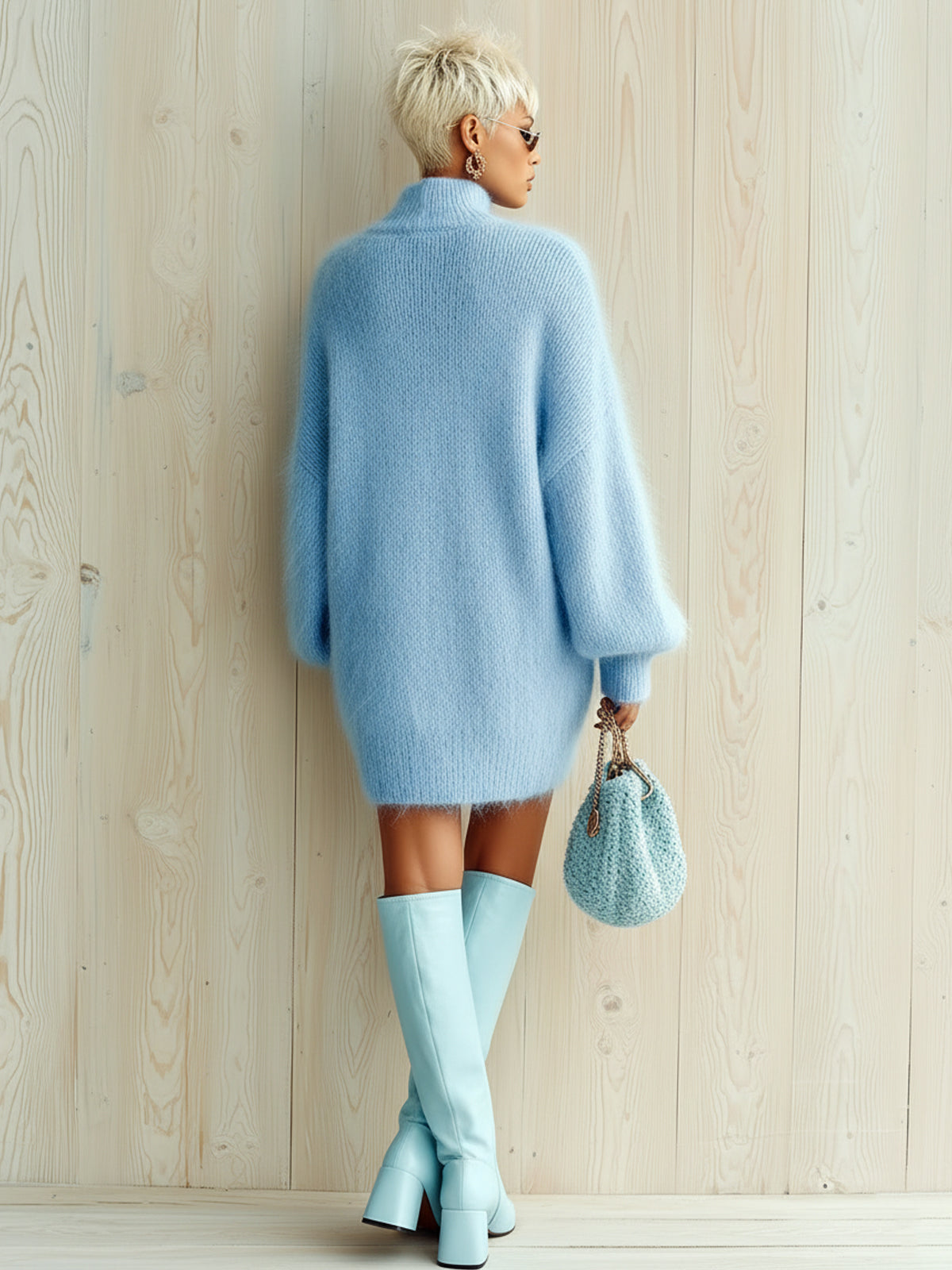 Cordelia - Chic Elegant Baby Blue Mock Neck Oversized Long-Sleeve Mini Dress