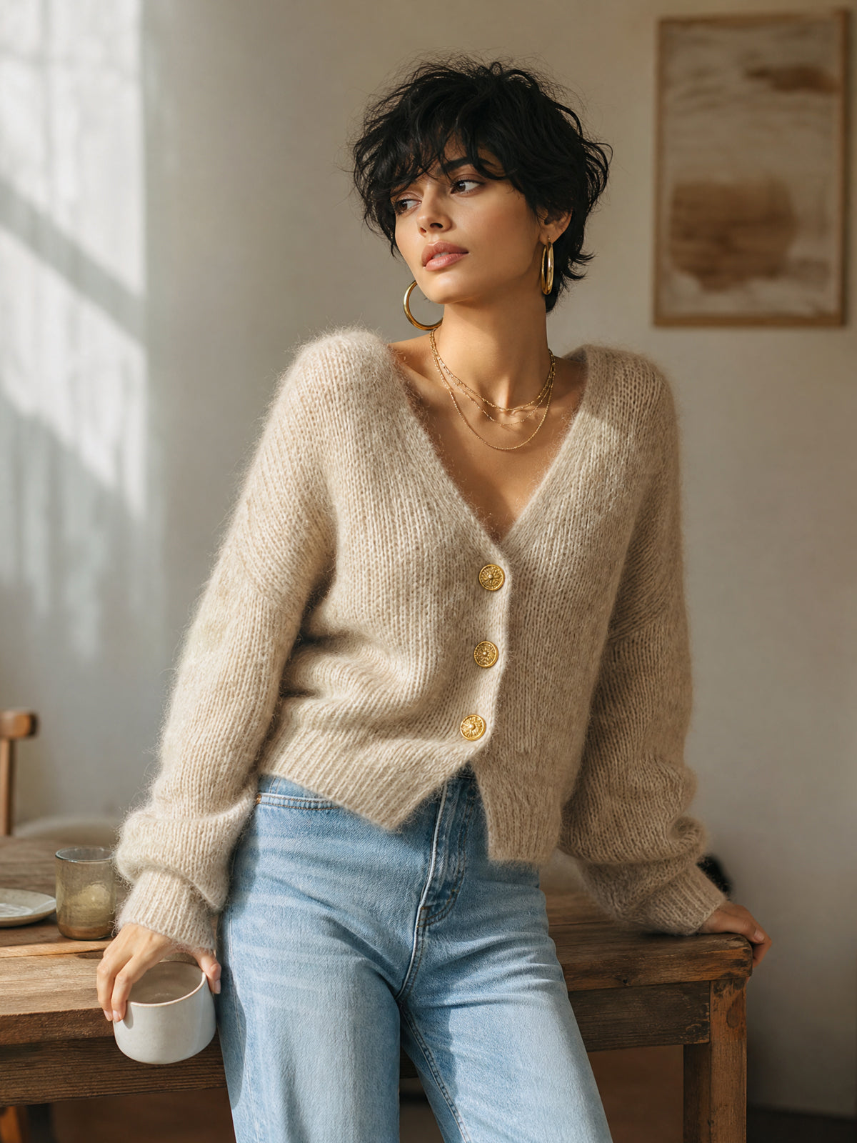 Annalise - Chic Vintage Light Camel V-Neck Single-Breasted Long Sleeve Loose-Fit Fuzzy Knit Cardigan Top