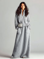 Estella - Chic Elegant Blue Stand Collar V Neck Long Sleeve Loose Sweater Patch Pocket Maxi Skirt Fuzzy Knit Two-Piece Set