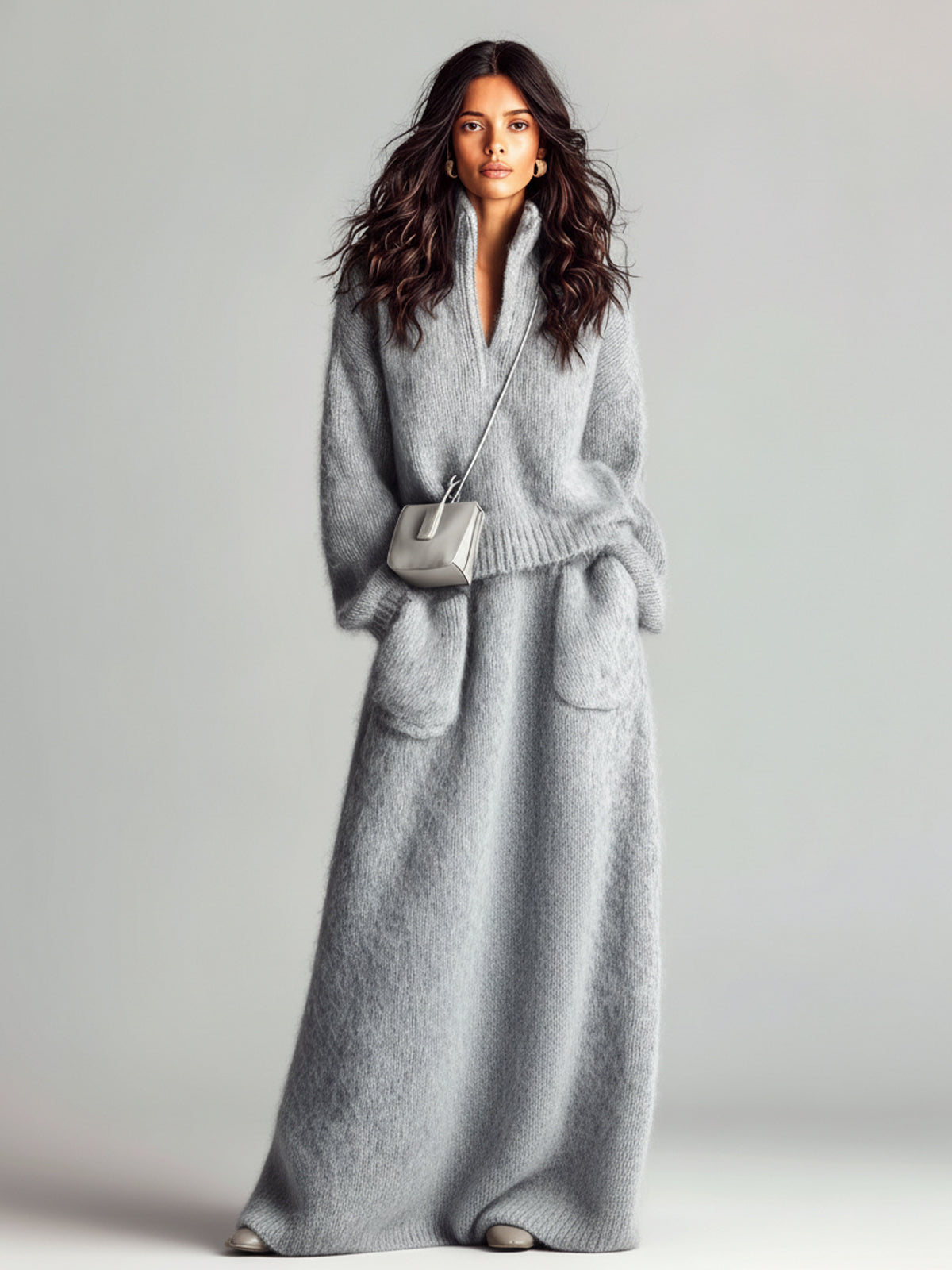 Estella - Chic Elegant Blue Stand Collar V Neck Long Sleeve Loose Sweater Patch Pocket Maxi Skirt Fuzzy Knit Two-Piece Set