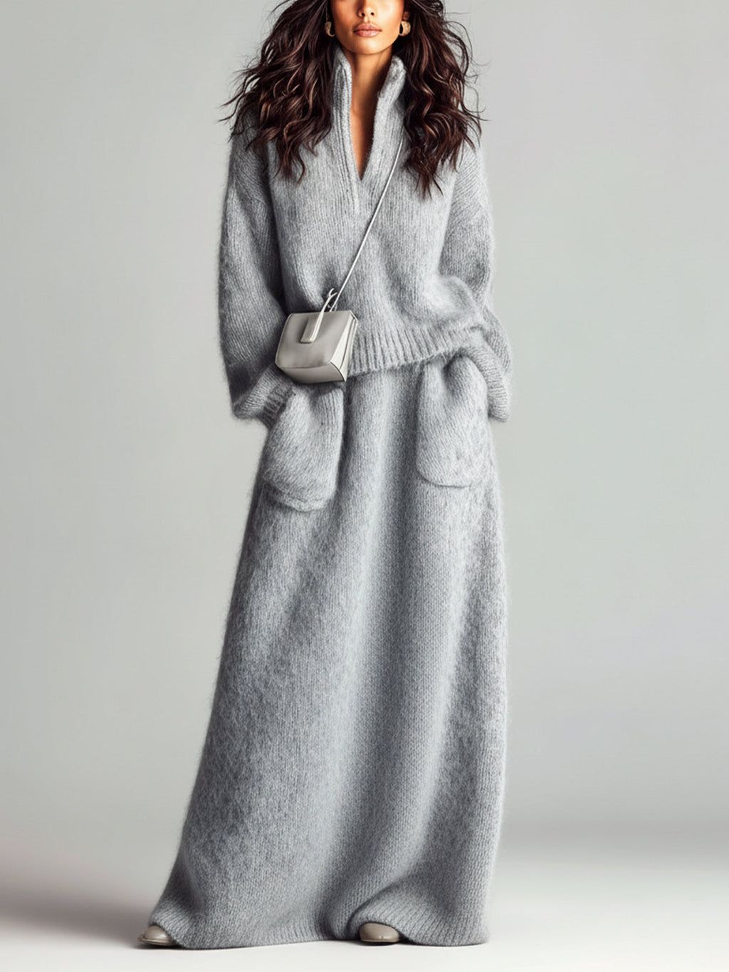 Estella - Chic Elegant Blue Stand Collar V Neck Long Sleeve Loose Sweater Patch Pocket Maxi Skirt Fuzzy Knit Two-Piece Set