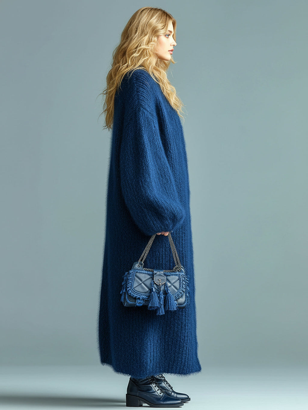 Alessia - Casual Chic Navy Blue Single-breasted Oversized Longline Fuzzy Knit Cardigan