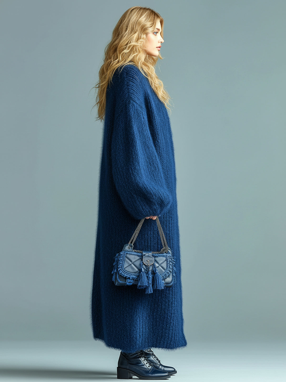 Alessia - Casual Chic Navy Blue Single-breasted Oversized Longline Fuzzy Knit Cardigan