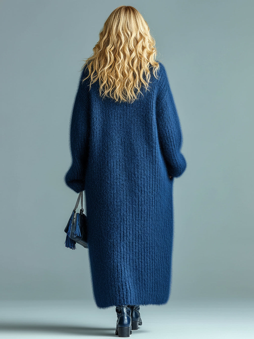 Alessia - Casual Chic Navy Blue Single-breasted Oversized Longline Fuzzy Knit Cardigan