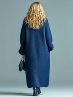 Alessia - Casual Chic Navy Blue Single-breasted Oversized Longline Fuzzy Knit Cardigan