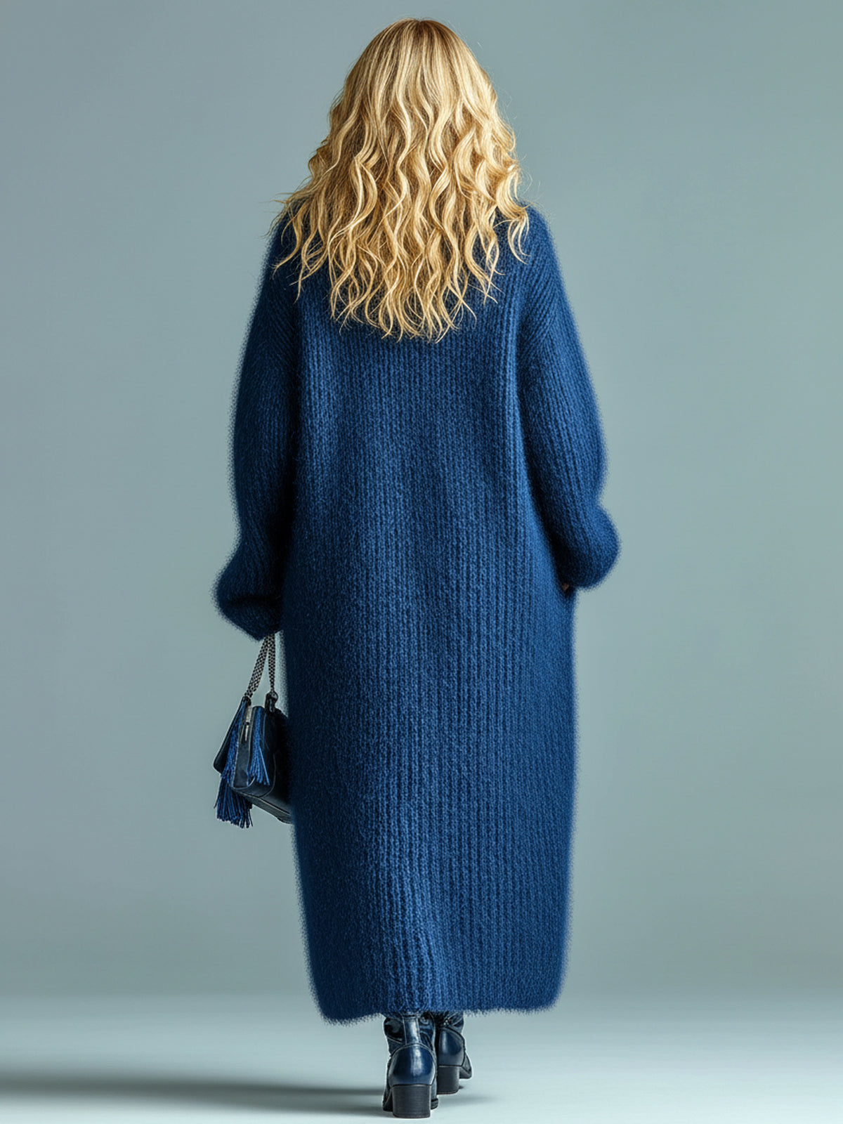 Alessia - Casual Chic Navy Blue Single-breasted Oversized Longline Fuzzy Knit Cardigan