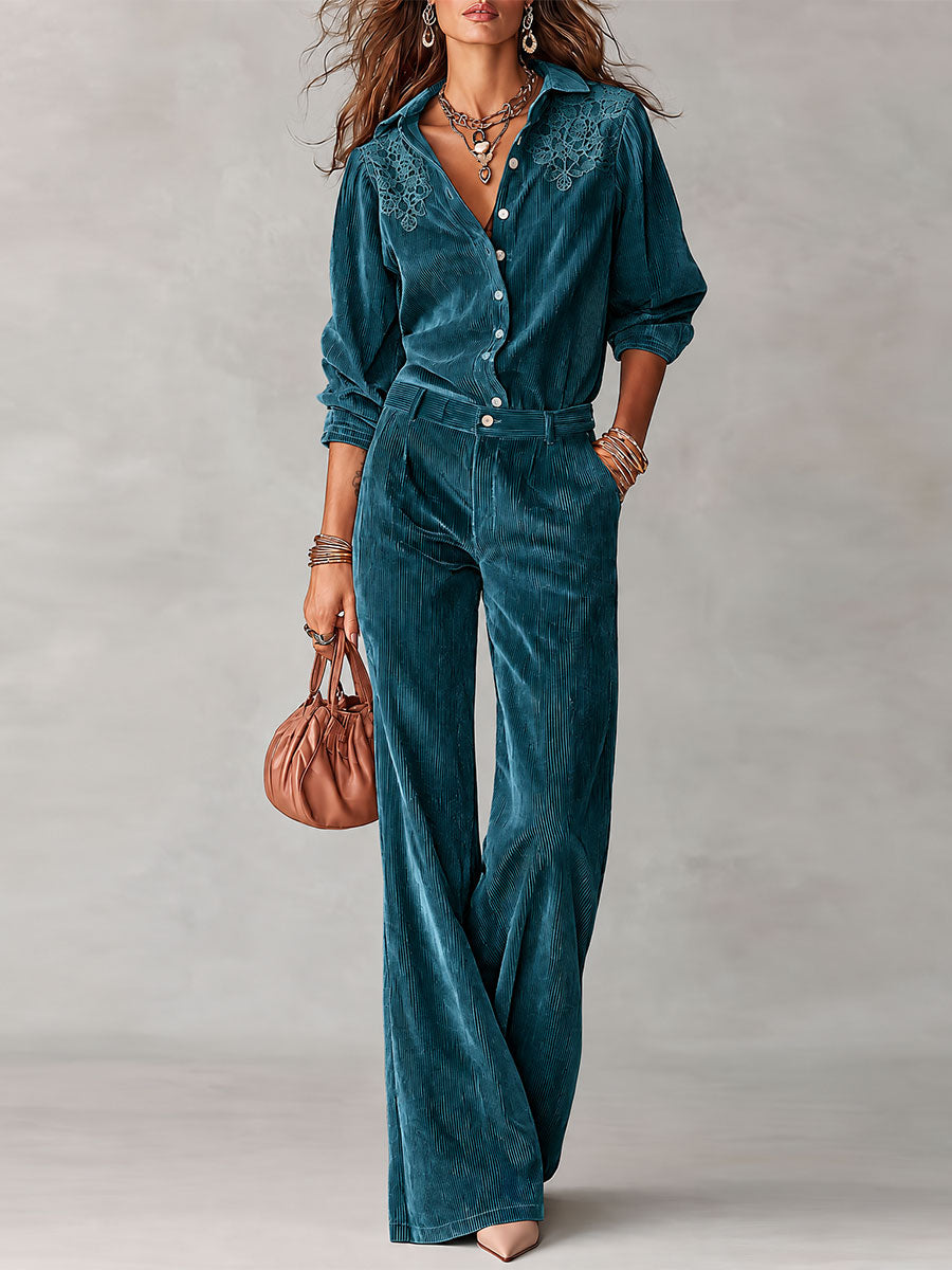 Daphne - Boho Corduroy Lace-Trim Shirt & Wide-Leg Pants Set