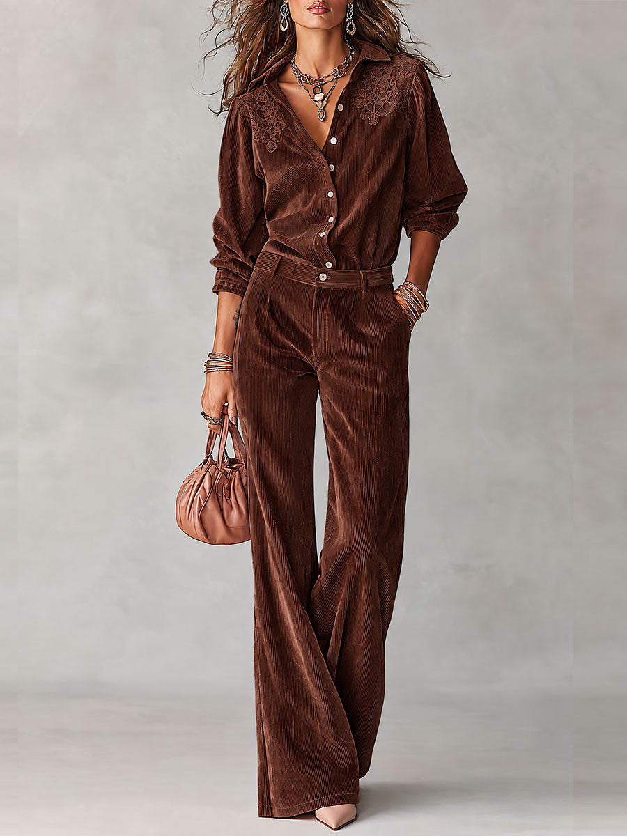 Daphne - Boho Corduroy Lace-Trim Shirt & Wide-Leg Pants Set