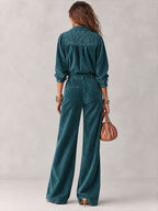 Daphne - Boho Corduroy Lace-Trim Shirt & Wide-Leg Pants Set